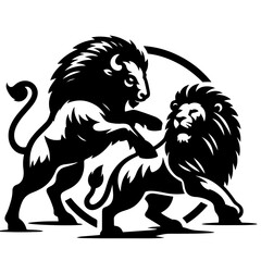 A monochrome depiction of a buffalo leaping over a lion with a circular element in the background design