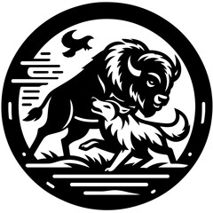 Black and white illustration of a buffalo and wolf with a bird in a circular frame design