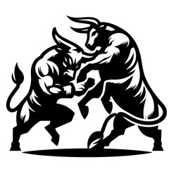 Two powerful bulls clashing in a fierce battle with muscular bodies in a black and white illustration