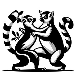 Two ring tailed lemurs interacting with each other in a stylized black and white illustration