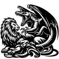 A fierce lion and a winged dragon locked in an intense battle depicted in black and white illustration