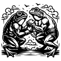 Two muscular frogs boxing with gloves in a black and white illustration with clouds and birds above them