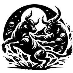 Two bulls facing each other in a stylized design with moon and stars in the background in black and white
