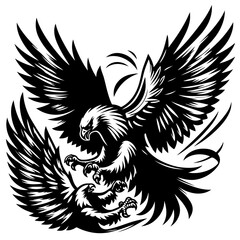 Two eagles engaged in a fierce battle with wings spread wide and talons extended in a monochrome design