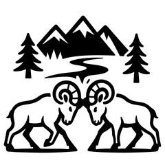 Illustration of two rams butting heads with mountains and trees in the background in black and white