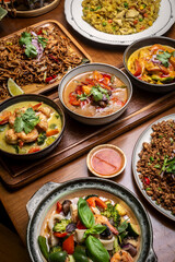 mixed traditional cuisine popular thai food dishes on bangkok restaurant table
