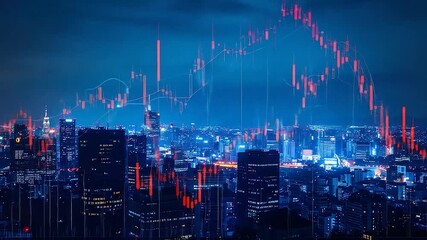 Night city skyline, glowing blue buildings, overlaid with red financial market data charts - Powered by Adobe