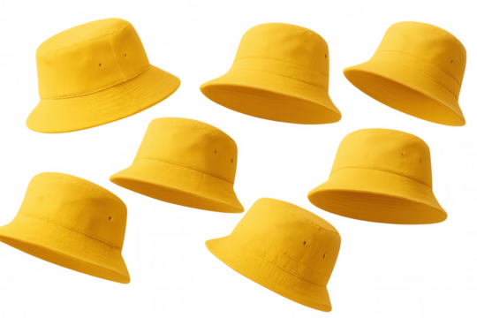 Yellow bucket hats floating in a seamless pattern, offering casual summer fashion and protection from sun