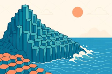 Obraz premium Geometric basalt rock formations by ocean waves under sun with light sky and mountain background in stylized nature landscape concept artwork. Ai generative
