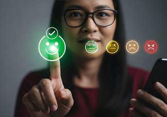 Woman selecting positive emoji on digital interface with smartphone in hand
