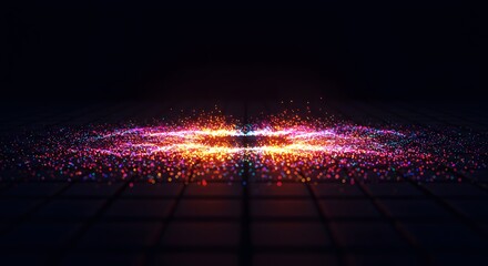 Vibrant abstract light effect with glowing particles emanating from a central point, creating an energy wave on a dark futuristic grid. Dynamic digital explosion of colorful light