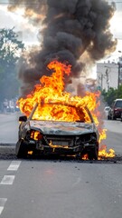 A vehicle engulfed in flames and thick smoke stands on a road with other cars and buildings