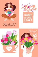  Happy Mothers Day greeting card collection in different styles. Posters design with lettering, womens, flowers and decorative elements. Ideal for print, postcard, social media, promo.