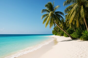 Obraz premium Tropical beach with turquoise water, white sand, and palm trees under clear blue sky, perfect summer vacation background concept. Ai generative
