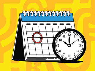 Obraz premium A calendar with a clock, symbolizing time management and scheduling, set against a vibrant yellow backdrop, suggesting deadlines and important dates on transparent background