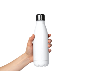 Hand holding a white reusable water bottle isolated on transparent background new png