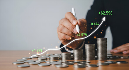 Financial growth with hand drawing upward trend over coins and profit numbers