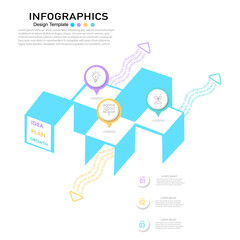 3D isometric infographic template with 3 steps: idea, plan, and growth. Business progress, timeline, and strategy concept. Vector.