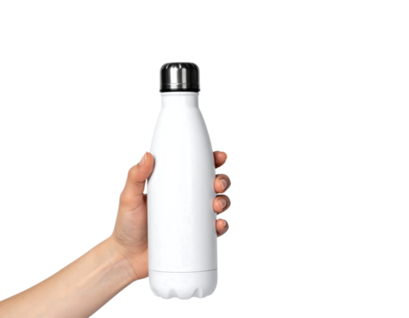 Hand holding a white reusable water bottle isolated on transparent background new png