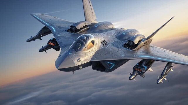 Futuristic Fighter Jet Soaring Through Clouds: Aerial Combat Concept