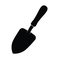 Black silhouette of a small hand trowel, a gardening tool on white background