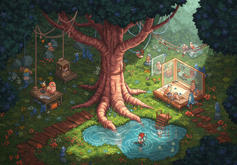 Fototapeta premium Surreal Pixel Art Worlds — Mythical, Sci-Fi, and Fantasy Landscapes with Absurd Dreamlike Details and Retro Aesthetic