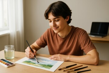 Teen enjoying watercolor painting indoors while smiling calmly in natural light with art tools on wooden desk in cozy modern lifestyle setting. Ai generative