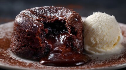 A warm chocolate lava cake with a molten center served with a scoop of vanilla ice cream