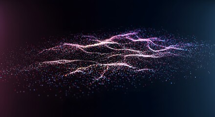 Dynamic digital wave of shimmering particles flowing on a dark background, an abstract visualization of energetic currents, data streams, or modern technology