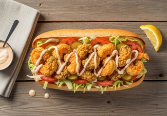 Crispy Fried Shrimp Po'Boy Sandwich with Remoulade, Lettuce & Tomato — Top View