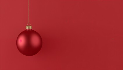 A single red christmas ornament hangs against a vibrant red background