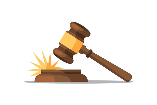 Illustration of a wooden gavel striking a sound block, symbolizing law, justice, and legal proceedings isolated on on transparent background
