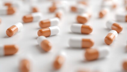 A scattered arrangement of orange and white pharmaceutical capsules on a surface