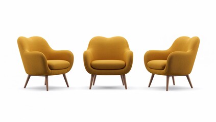 Three modern mustard yellow armchairs arranged on a plain white background