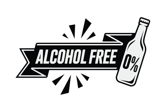 Alcohol free label with a bottle, promoting nonalcoholic beverages and a healthy lifestyle with zero percent alcohol on transparent background