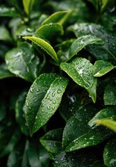 Close-up of vibrant green tea leaves, wet with dew drops