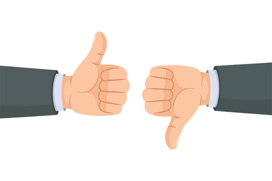 Illustration of thumbs up and thumbs down hands, representing agreement and disagreement, isolated on on transparent background