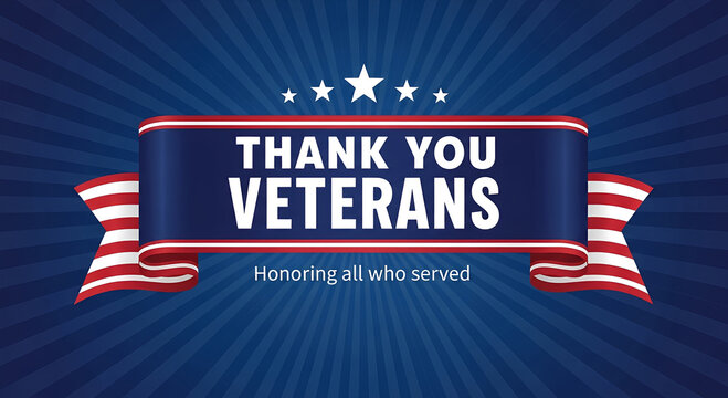 Patriotic tribute banner honoring brave service members on Veterans Day with stars and stripes design and a heartfelt gratitude message
