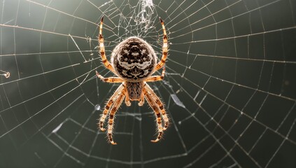 A detailed close up of a colorful spider resting on its web