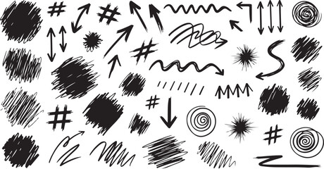 Hand-drawn black and white graphic elements and symbols