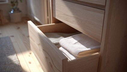 Light wooden dresser drawer open, towels inside