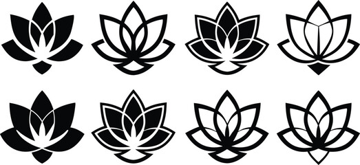 Eight Black Lotus Flower Icons Geometric Design symbol