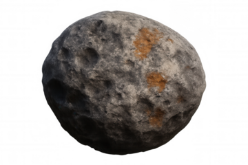 Asteroid or meteorite with textured surface and craters, space rock object isolated on transparent background