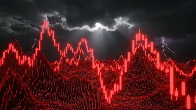 Abstract Red Line Graph Landscape Under Dark Cloudy Sky Background