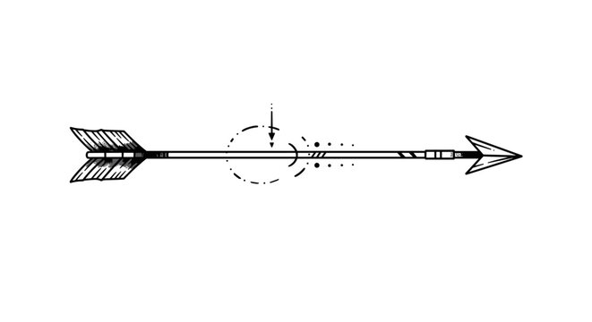 Detailed black and white illustration of a traditional hunting arrow, featuring intricate fletching and a sharp arrowhead, embodying precision and direction in a graphic design
