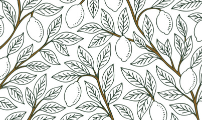 Elegant seamless vector pattern featuring detailed line art of lemon branches and leaves. A sophisticated, minimalist botanical design with a vintage feel, perfect for stationery, luxury packaging