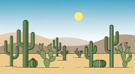A minimalist desert landscape featuring various cacti, sand dunes, and a bright sun against a clear blue sky, evoking a sense of arid beauty