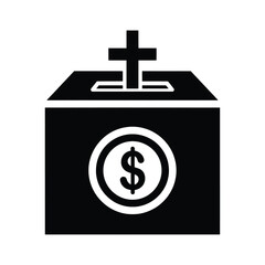 Donation box with a cross and dollar sign isolated on, representing charitable giving, religious contributions, and financial support for church on transparent background