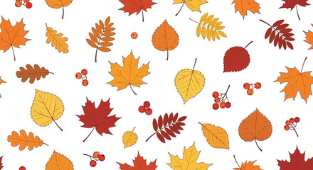 Obraz premium Seamless pattern of colorful autumn leaves and berries on a white background.