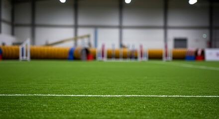 Indoor dog agility training course with tunnels and obstacles on artificial turf for commercial usage and mockups